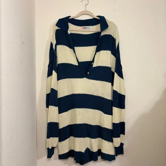 Free People Beach Knit Picnic Stripe Sweater Romper In Sailers Blue Combo medium - Picture 8 of 15